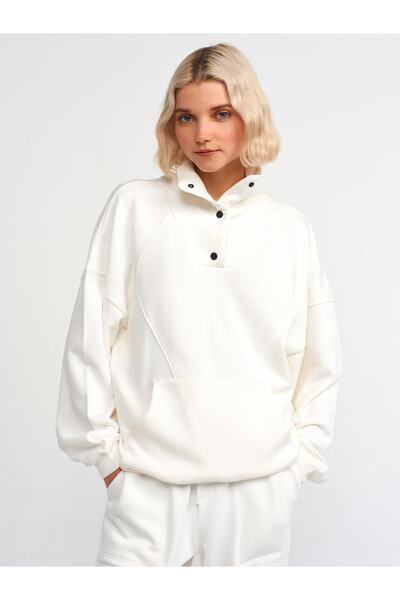 Dilvin 40107 Hanorac Ecru Oversize - Buzunar Cargo