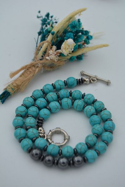 Stoneage Hematite And Turquoise Jewelled T Lock Healing Necklace Turquoise