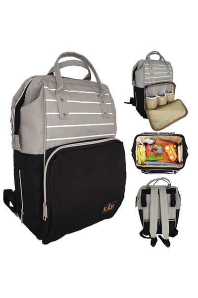 USF Baby Care Bag Mother Baby Care Backpack Striped Light Gray Black
