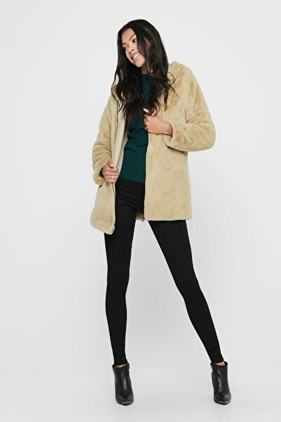 ONLY Women's Beige Hooded Faux Fur Coat 15205622