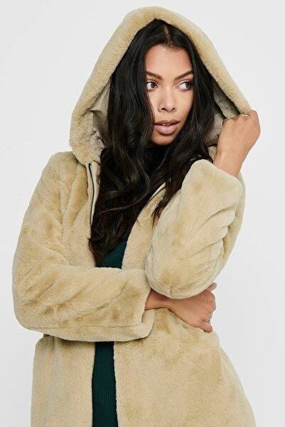 ONLY Women's Beige Hooded Faux Fur Coat 15205622