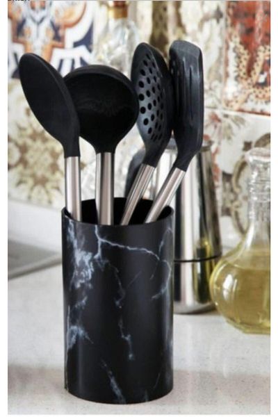 GÖNÜL Black Marble Patterned 4-Piece Silicone Ladle and Colander Serving Set
