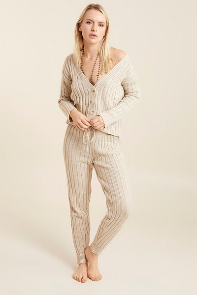 Hanna's by Hanna Darsa Women's Cream Corded Front Buttoned Knitwear Top and Bottom Set