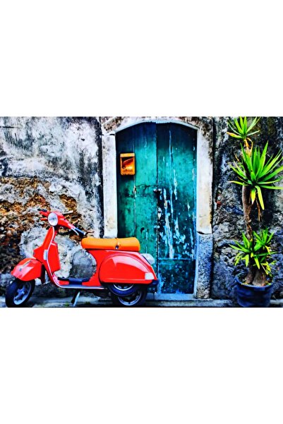 Haki Alışveriş Dünyası Kanvas Tablo Kırmızı Motorsiklet Led Işıklı 90x60 Cm D...