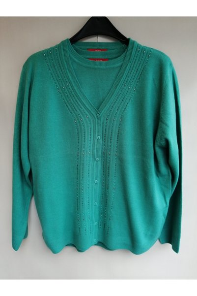 Butik Tülin Kadın Yeşil Otantik Akrilik El Işi Boncuklu Kazak Hırka Takım