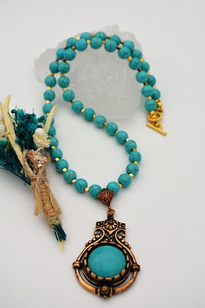 Stoneage Turquoise And Hematite Stone Evil Eye Healing Necklace