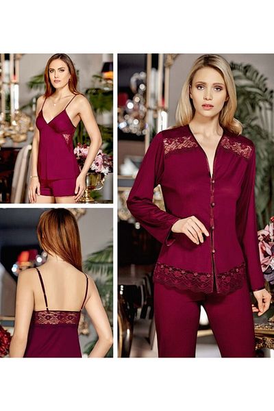 Jeremi Women's Burgundy Dowry Combed Cotton Lace Short Six-Piece Nightgown Dressing Gown Set 552