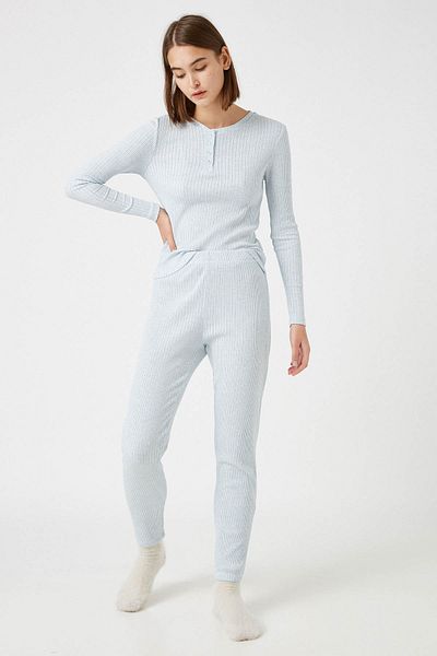 Koton Pantaloni de pijama albastru din bumbac pentru femei 1KLK71376MK