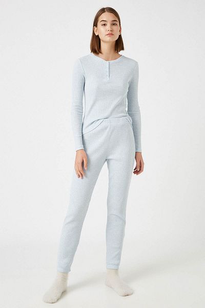 Koton Pantaloni de pijama albastru din bumbac pentru femei 1KLK71376MK