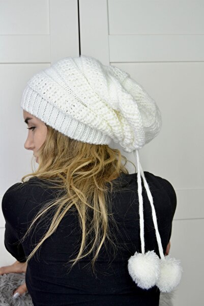 DGR Winter Çift Ponponlu Beyaz Kadın Bere