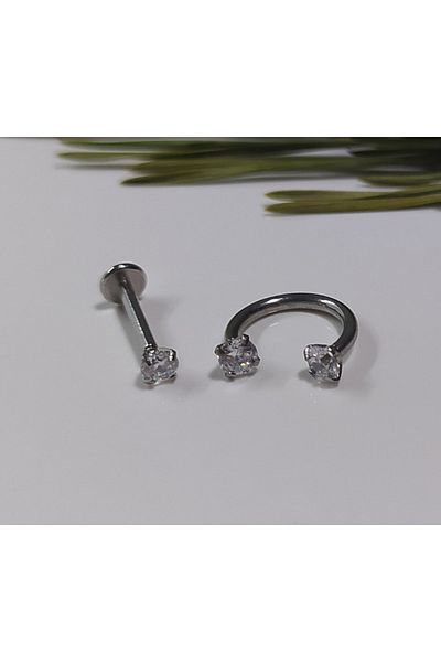 Işıl Işıl Surgical Steel Zircon Stone Silver Gray Piercing, Earring, Ear, Cartilage, Tragus, Helix (Set of 2)