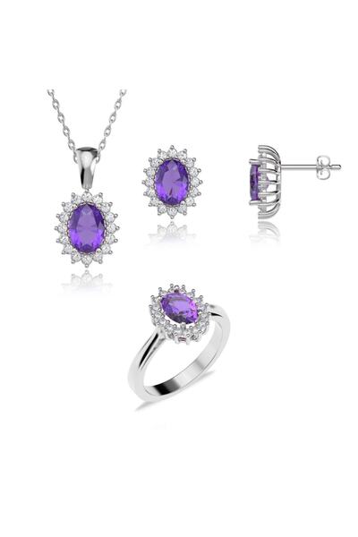 İNDİGO TAKI Oval Ametist Taşlı Anturaj Pırlanta Montür Beyaz Gümüş Üçlü Set