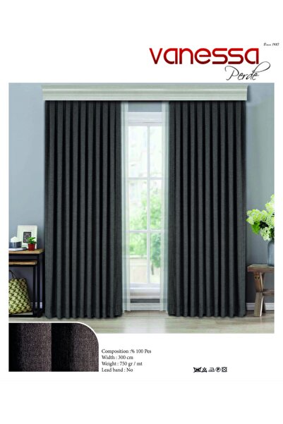 VANESSA PERDE Antrasit Gri Keten Doku Mat Dökümlü Kırışmaz Modern Fon Perde 1...