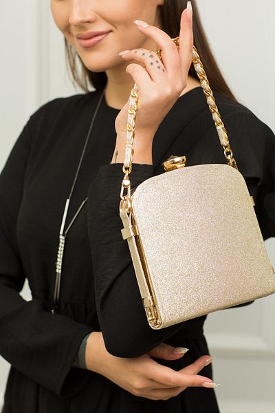 weem bag Βραδινή τσάντα με πλεκτή λαβή Flask Light Gold Glitter