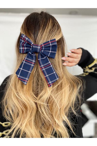 Mathilda Aksesuar Navy Blue Plaid Patterned Hair Clip