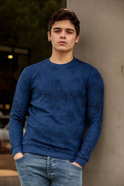 Factor Men's Indigo Slim Fit Crew Neck Patterned Thessaloniki Sweatshirt F51558
