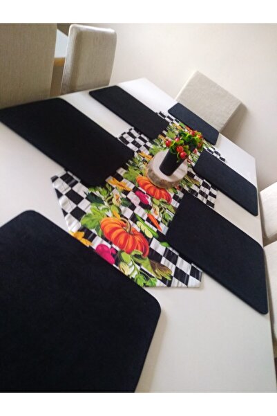 Ayşemce Amerikan Servis Takım Dama Makkenzie Balkabağı Desenli Püsküllü Runne...