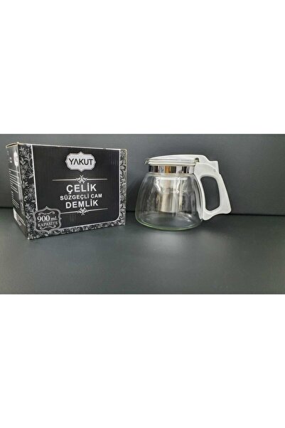 YAKUT إبريق شاي زجاجي فولاذي سعة 900 مل مع مصفاة بيضاء