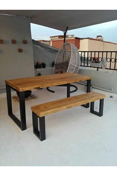 MORCEVİZ Metal Ayak Tek Banklı Masif Eskitme Ladin Masa