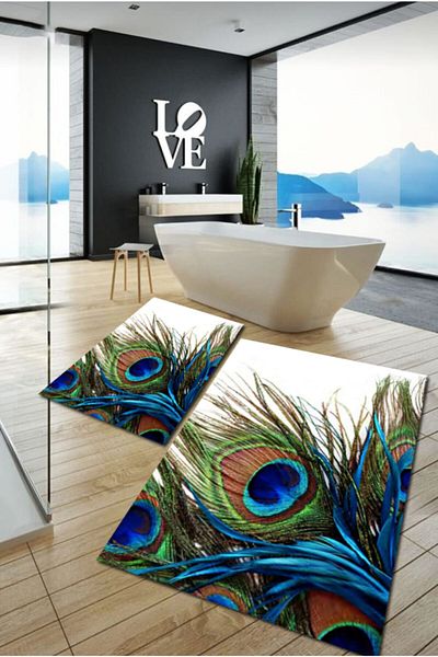 İNCİTEKS Modern Antibacterial Digital Non-Slip Bath Mat 2 Pieces
