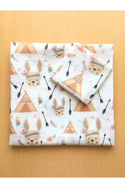 tuhafiyeci Muslin 100% Organic Cotton Fabric Cover Blanket 100x100cm+ Mouth Wipe Gift