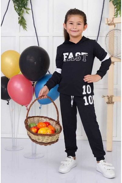 CICIKIZ Girl's Navy Blue Printed Hooded Double Set