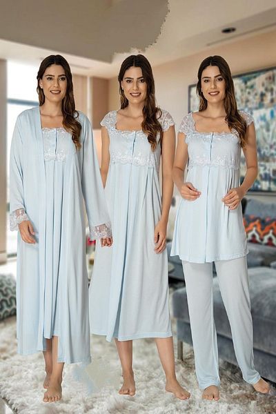 kaktüslohusa Effort Women's Blue Pajamas Set - Nightgown and Dressing Gown Maternity Pregnant 4-Piece Set 2305