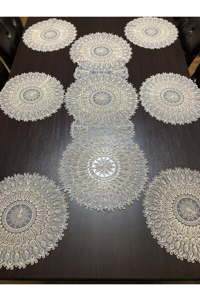 MELOŞ HOME 7 Parça Fransız Dantelli Cappucıno Supla Runner Takımı