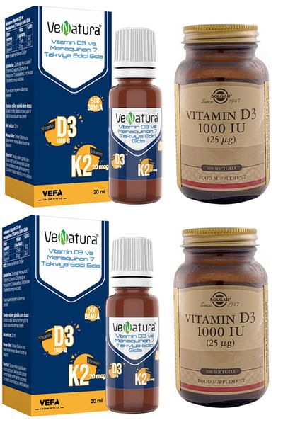 VeNatura D3k2 20ml - Vitamin D and K 25mg*2 Pieces + Solgar D3 1000 Iu Softgel Capsule*2 Pieces