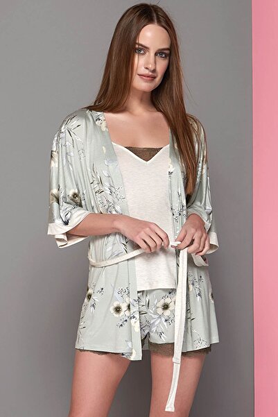 Sevim Kadın Yeşil Desenli Şort Takım 3'lü