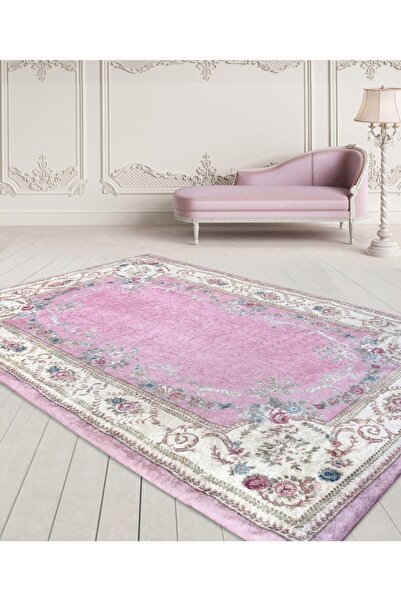 Nur Home Pembe Krem Çiçekli 4m2, 5m2, 6m2 Dijital Baskı Mutfak, Salon Süngerli Kadife Lastikli Halı Örtüsü