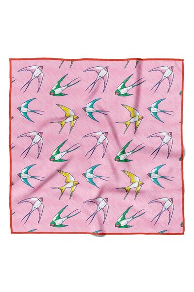 Modabutik Kadın Pembe Sarı Beyaz  Kuş Desenli Bandana 50x50Dg0410-22