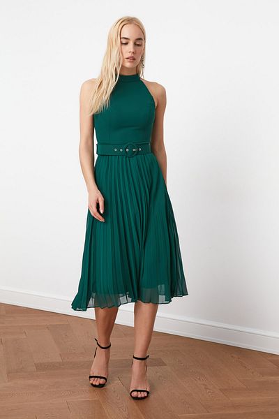 Trendyol Collection Πράσινη ζώνη A-Line Φόρεμα μίντι υφαντό με πλισέ υφαντό φόρεμα TWOSS20EL1341