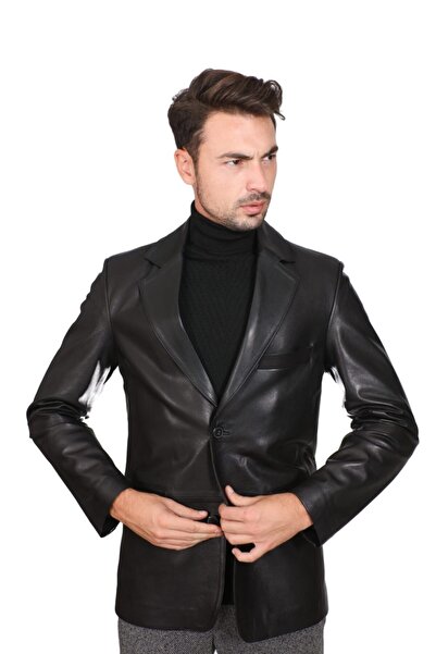 Timas Deri Erkek Siyah Blazer Ceket