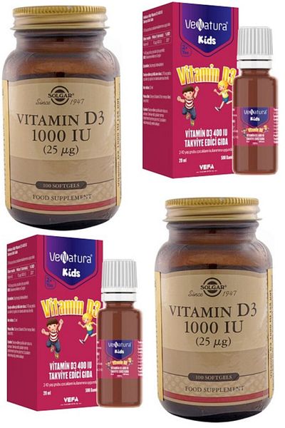 VeNatura Vitamin D3 for Kids 20ml*2 Pieces + Solgar D3 1000 Iu 100 Softgel Capsule*2 Pieces