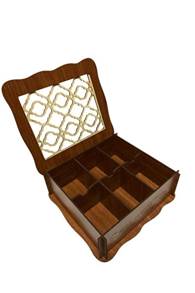 abnturk Ahşap Işlemeli Kapak 6 Bölmeli Çoklu Poşet Çay Saklama Kutusu