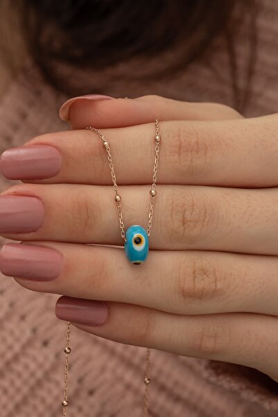 Nereze 925 Ayar Nazar Cam Mavi Boncuk Toplu Zincir Kadın Gümüş Kolye