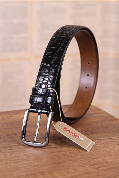 KASVA DERİ حزام رجالي من جلد التمساح باللون الأسود مقاس 3.5 سم