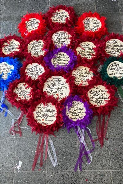 ZEYMERADE Gelin Tefi 24cm Kaligrafi Sanatlı Tüy Ve Kurdele Süslü Kına Gecesi Düğün Vazgeçilmezi