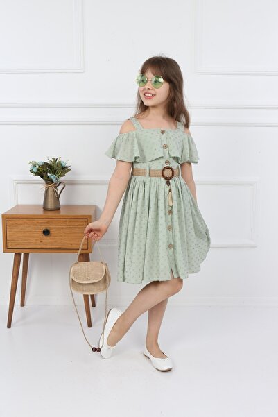 şımarık kids Children's Green Bag Halter Button Dress