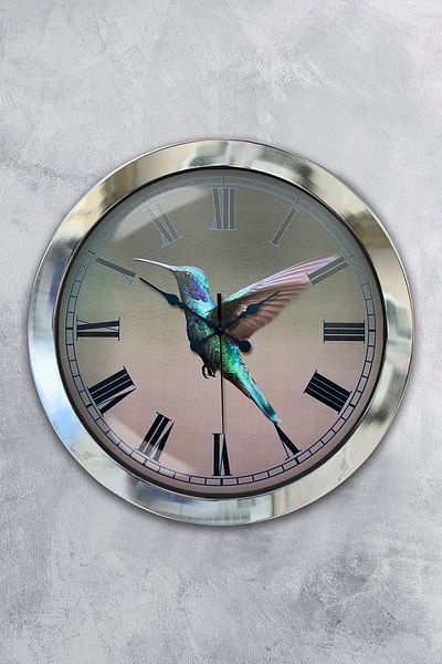 Kasva Concept Gift 36 cm Chrome Metal Wall Clock with Bird