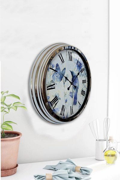 Kasva Concept Gift 40 cm Chrome Metal Wall Clock with Bird