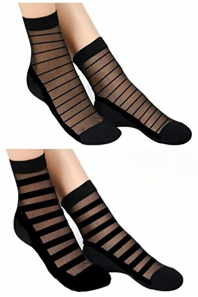 çorapmanya 2 Çift Kadın Desenli Siyah Tül Çorap