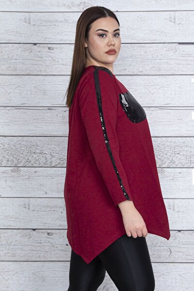 Şans تونيك نسائي غير متماثل مقاس كبير باللون العنابي مزين بالترتر 65n23335