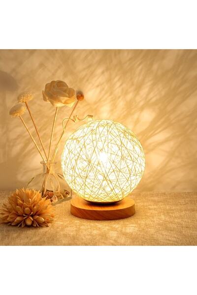 ASYA BAZAAR Ipli Küre Lamba Ahşap Abajur Aydınlatma Açma Kapatma Düğmesi Yoktur
