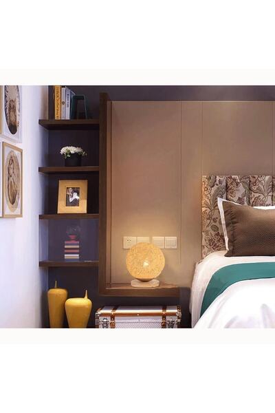 ASYA BAZAAR Ipli Küre Lamba Ahşap Abajur Aydınlatma Açma Kapatma Düğmesi Yoktur