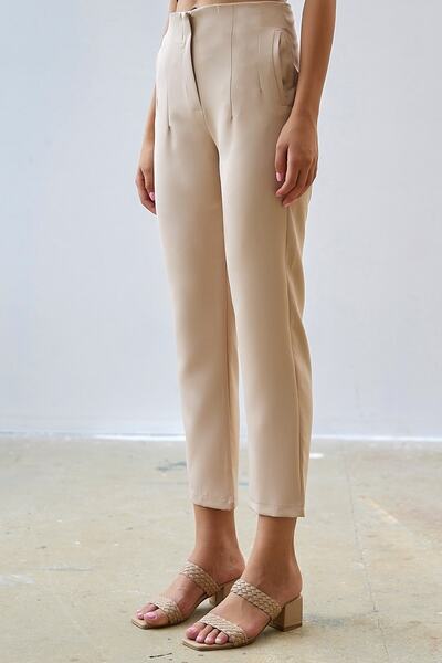 InStyle Ψηλόμεσο Darted Διπλό Υφασμάτινο Παντελόνι - Μπεζ