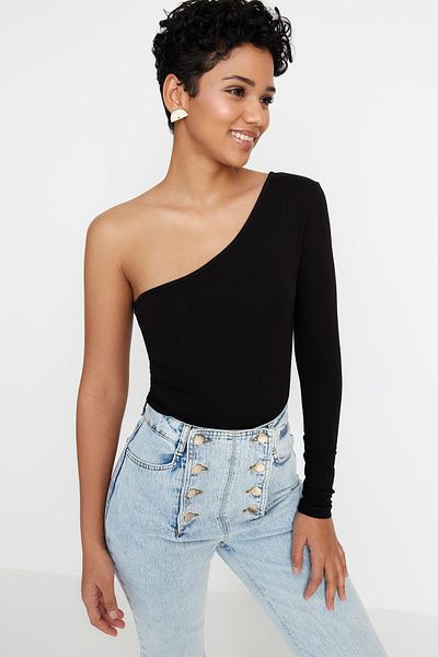 Trendyol Collection Schwarzer, einärmliger Strick-Body aus Baumwollstretch mit Druckknöpfen TWOSS23BD00013