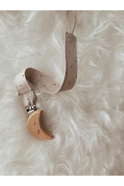 GOER STORE Natural Wooden Moon Detailed Cappuccino Polka Dot 100% Cotton Fabric Baby Pacifier Strap