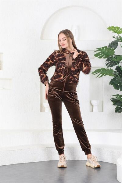 WestBound Σετ αθλητική φόρμα με μοτίβο λεοπάρ καφέ βελούδο